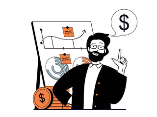 Poster - Finance concept with character situation. Man analyzes financial data on charts report, develops successful strategy for increasing income. Illustrations with people scene in flat design for web