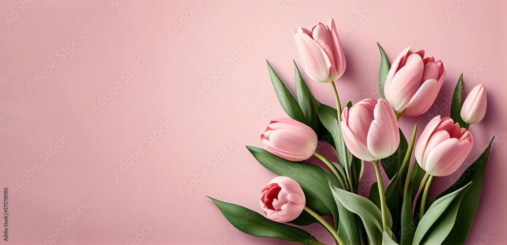 Spring tulip flowers on pink background top view in flat lay style ...
