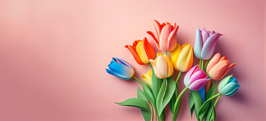 Wall Mural - Rainbow spring tulip flowers on pink background top view in flat lay style. Greeting for Womens or Mothers Day or Spring Sale Banner. Generative Ai.