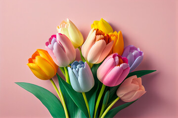 Wall Mural - Rainbow spring tulip flowers on pink background top view in flat lay style. Greeting for Womens or Mothers Day or Spring Sale Banner. Generative Ai.