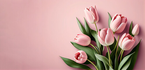 spring tulip flowers on pink background top view in flat lay style. greeting for womens or mothers d
