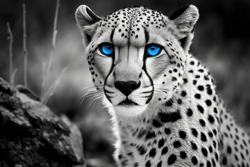 Canvas Print - black and white portrait of a leopard with blue eyes made with generative ai