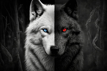 wolf head portrait half white with blue eyes and half black with red eyes made with generative ai