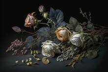 Floral Arrangement With Dead Roses. Flowers That Have Been Dried, Superimposed On A Dark Background. Generative AI