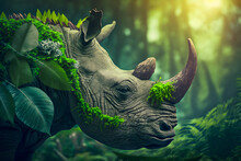 Muzzle Of Rhinoceros Profile Silhouette With Leaves Of Tropical Vegetation Of Exotic Forests. The Concept Of Protecting Animals And Forest Environment. Generative AI