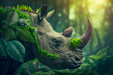 Muzzle of rhinoceros profile silhouette with leaves of tropical vegetation of exotic forests. The concept of protecting animals and forest environment. Generative AI