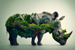 Muzzle of rhinoceros profile silhouette with leaves of tropical vegetation of exotic forests. The concept of protecting animals and vegetation environment. Generative AI