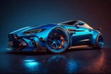 Fototapeta  - Cool blue generic sports car in a dark studio background illustrated with generative AI