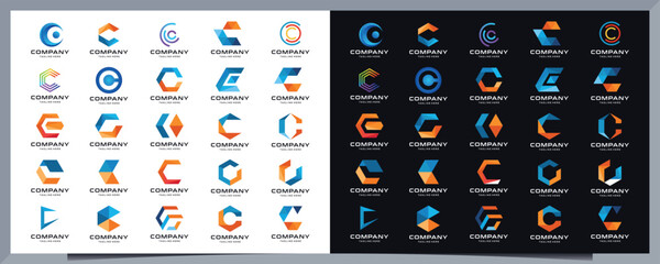 Wall Mural - set of Letter C Vector Origami Logo icon. Colorful Abstract Design template element logo icon and dark background