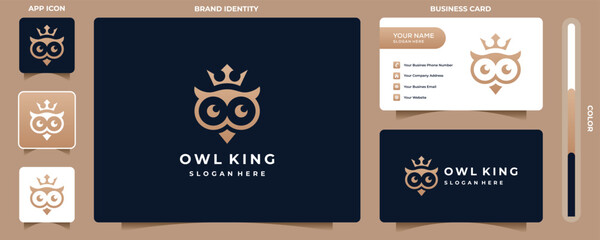 Wall Mural - Owl king line art logo vector, with golden color style and business card template