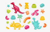 Fototapeta Dinusie - Jelly bear, dinosaur gummy,  Isolated vector objects on a white background. cartoon food gummies