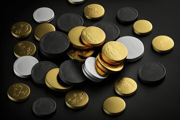 Canvas Print - A large quantity of rouleau gold currency or change coins, on a grey background, as a still life. Generative AI