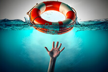 Man Drowned Under Water, Hand Reaches Out From The Depths To Red Life Buoy On The Surface Of The Water. The Salvation Of The Drowning Is The Work Of The Drowning Themselves. Generative AI