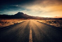 Grande Route Vide Vers L'inconnu, Chemin Centré Au Milieu Du Désert Ensoleillé 