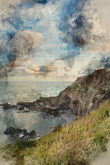 Wall Mural - Digital watercolour painting of Lovely sunrise landscape image of Devon coastline in England with stunning golden hour light on the land and sky