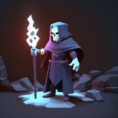 evil sorcerer in a dark dungeon, wielding a magical wand digital character avatar AI generation.