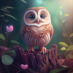 Wall Mural - Generative AI: cute fantasy owl animal for children story book with painted background