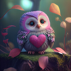 Wall Mural - Generative AI: cute fantasy owl animal for children story book with painted background