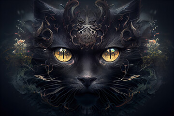 Wall Mural - generative ai: black cat fantasy potrait