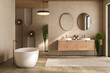 Beige bathroom interior with double sink and mirror, carpet on hardwood floor, bathtub, plants. Bathing accessories and window in hotel studio. 3D rendering