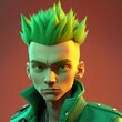 teenage boy with a mohawk, wearing a green hoodie, smirking at the camera digital character avatar AI generation.