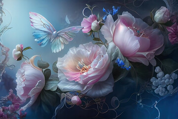 Wall Mural - Generative AI: light, ethereal, magic and fragile flowers in blue background