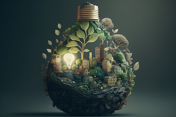 Wall Mural - Ecological light bulb city, green, made with Generative AI