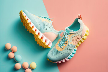 Pair of trendy colorful shoes on pastel background. Generative AI