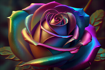 Wall Mural - generative ai: iridescent rose soft flower in a black background