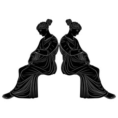 Symmetrical design with two seated ancient Greek women. Black and white negative silhouette.