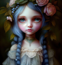 Generative AI:illustration Of Child With Flowers In Her Hair A Fantasy Character