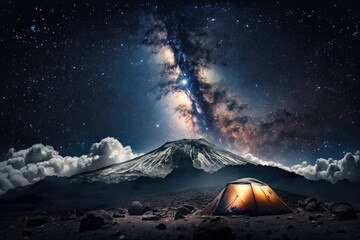 Poster - milky way shining brightly over mount kilimanjaro in tanzania, where many campers have set up their 