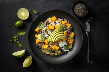 Poster - Mango and avocado are added to the healthy quinoa and black bean salad. All season versatility at its finest. View from above, gray stone texture. Generative AI