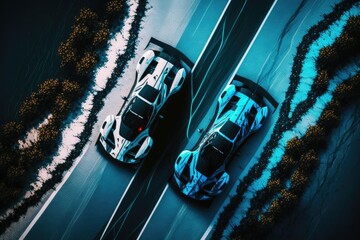 Wall Mural - Look down from above The struggle of two drifting race cars on the track, seen from above. Generative AI