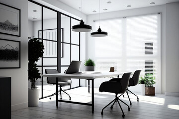 An empty office with a white wall in front of a large window and a meeting table. fresh workplace design idea. Generative AI