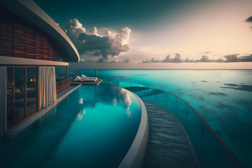 Swimming pool in a hotel in the Maldives. Generative AI.