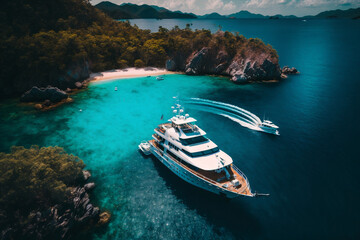 large yacht boat with helicopter landing place captured in aerial drone photo in tropical exotic par
