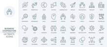 Business Cooperation Thin Line Icons Set Vector Illustration. Outline Growth Of Partnership In Corporate Team, Loyalty In Communication And Teamwork Of Employees, Success Recruitment And Leadership