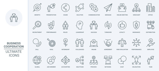 business cooperation thin line icons set vector illustration. outline growth of partnership in corpo