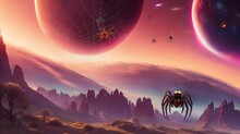 Futuristic Landscape With Planets And A Spider In The Foreground And A Distant Planet In The Background, Space Art. Generative AI
