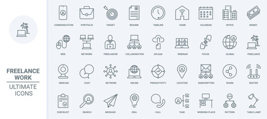 Wall Mural - Freelance, work in home office thin line icons set vector illustration. Outline online communication and collaboration of freelancers with remote locations, productivity and portfolio of resume