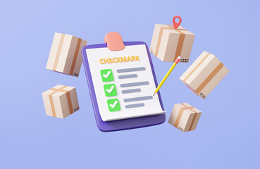 Poster - Checklist on clipboard paper. information business document correct checkmark parcels box with tracking logistics transportation service concept. floating on purple background. 3d render illustration