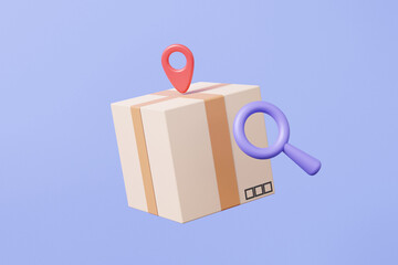 Poster - Search parcels box with tracking logistics transportation service concept. Checklist navigation pin location, import Integrated warehousing floating on purple background. 3d render illustration
