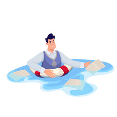 Wall Mural - Business person floating in water in lifebuoy to survive vector illustration. Cartoon sad man drowning, holding paper document in hand, desperate businessman in need of help and support in stress