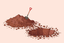 Dig A Hole. Vector Illustration. Drawing Of A Hole In The Ground, A Pile Of Soil, Stones And A Shovel. Excavation. Deep Hole. Archeology And Search. To Plant A Tree. Water Well In The Desert