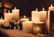 © top images - Spa setting with aromatic candles. Romantic atmosphere. Background with selective focus. AI generated