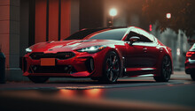 A Red Sports Car Parked In Front Of A Building. Background Wallpaper Illustration. Generative Ai
