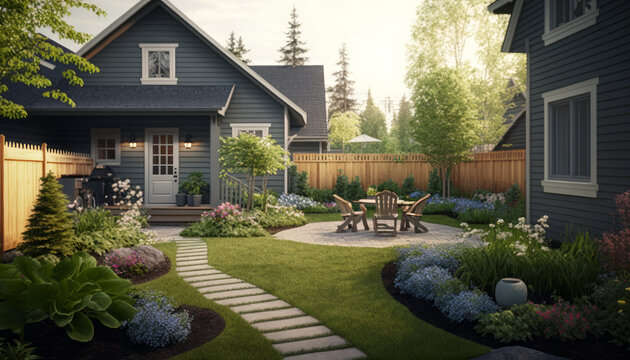 wide shot of home garden, lawn, yard, deck, and space for outdoor entertaining. urban, suburban, rur
