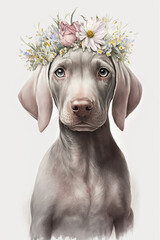 Wall Mural - Weimaraner with a crown of flowers isolated on a white background watercolor, Generative AI