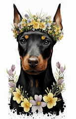 Wall Mural - Doberman with a crown of flowers isolated on a white background watercolor, Generative AI